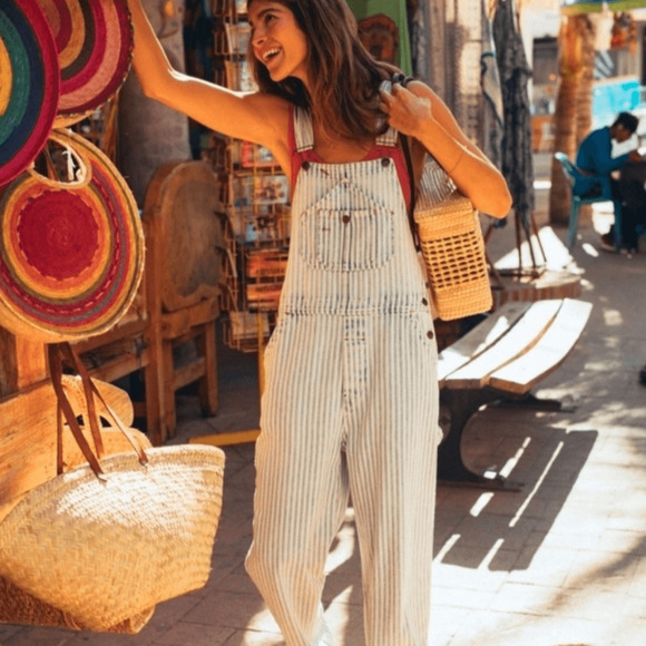 Faherty Pants - Faherty Topsail Bib Overall Railroad Stripe Blue White *Stained Distressed Small